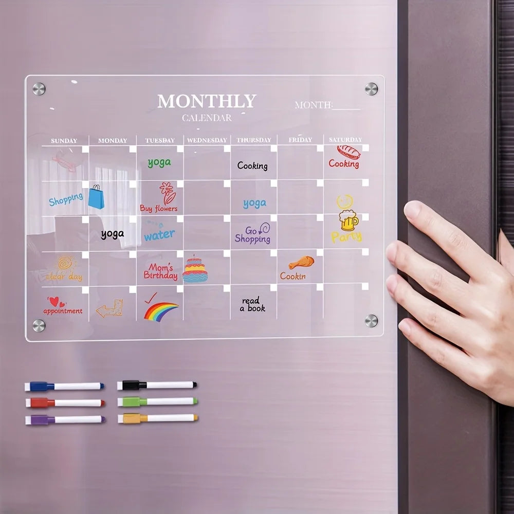 Magnetic Acrylic Dry-Erase Calendar-Clear Planner for Fridge, Ideal Kitchen Organizer for Home & Office with Marker Pen Inclu