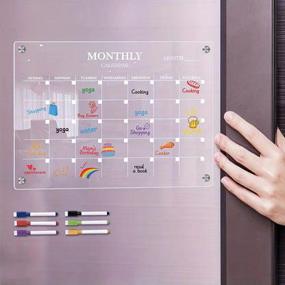 Magnetic Acrylic Dry-Erase Calendar-Clear Planner for Fridge, Ideal Kitchen Organizer for Home & Office with Marker Pen Inclu