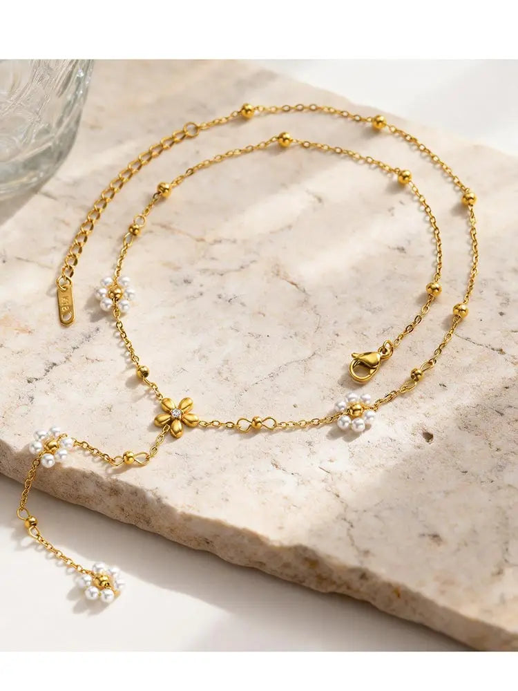 Golden Drop Lariat Chain, Women's Layered Beaded Y Necklace, Stainless Steel Flower Pearl Long Pendant Fashion Jewelry Gift