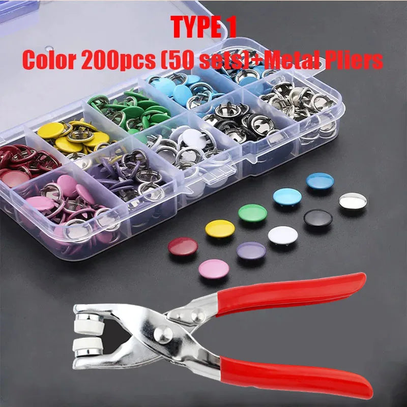 50/100 Metal Prong Snap Button Hollow Press Prong Fastener Studs with Pliers Tool Set Kits for Clothes Garment Sewing Bags Sh