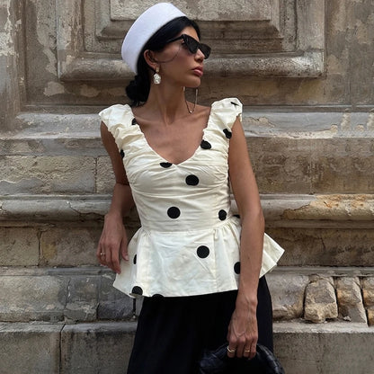 Linad Vintage Polka Dot Backless Tank Tops Summer Street Chic Slim Deep V Neck Vest Casual Ruffles Sleeveless Tops Woman 2026