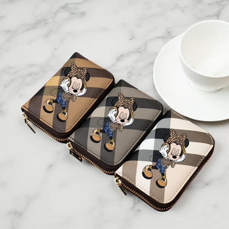 Minnie Plaid Pattern Wallet – Short PU Leather Zipper Coin Purse with Leopard Outfit Print & Card Slots for Women, 3 Colors