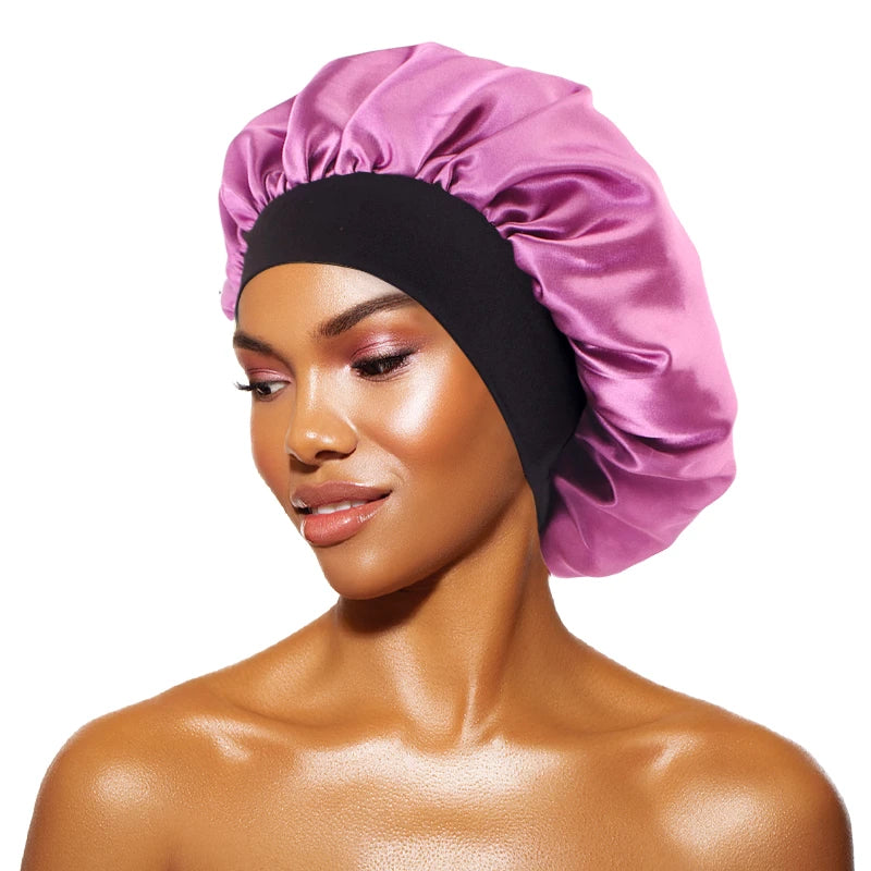 Women's Satin Solid Bonnets Wide-brimmed Night Sleeping Bathing Hat Unisex Head Wrap Elastic Band Cap Hair Care Bonnet - taro