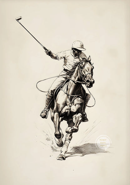 Vintage Polo Etching Horse Jockey Canvas Painting Print Antique Equestrian Farmhouse Animal Rustic Wall Art Room Home Decor -