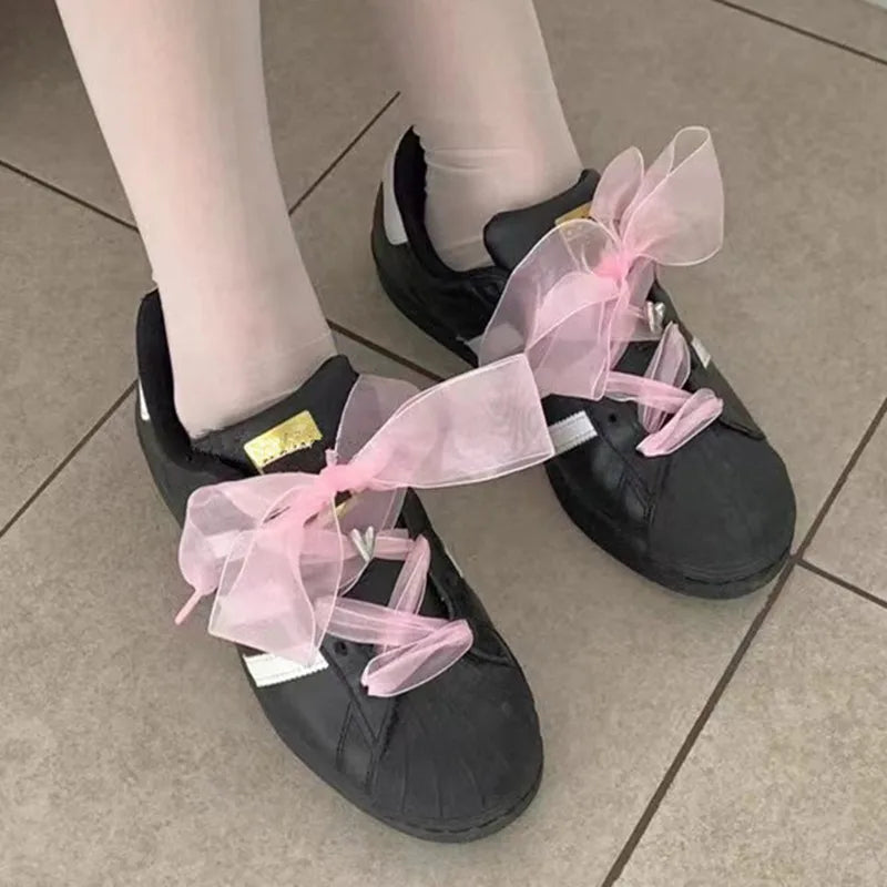 4cm Widened Transparent Chiffon Yarn Shoelaces Flat Silk Big Bow Wide Laces Trend Beauty White Casual Shoes Laces