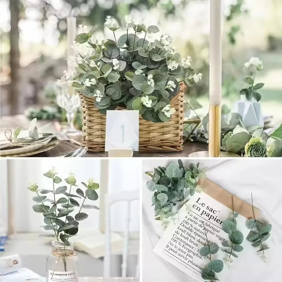 10pcs Eucalyptus Leaf Stems Green Artificial Plants Living Room Decor Bride Wedding Vases Flowers Bouquet Decor Artificial Pl