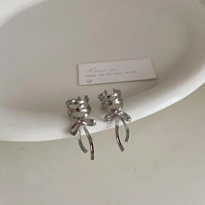 Girls New Ribbon Aesthetics Ear Clips Ballet Style Ribbon Bow-knot Ear Cuff Women Korean Fashion Kpop Earring Jewelry