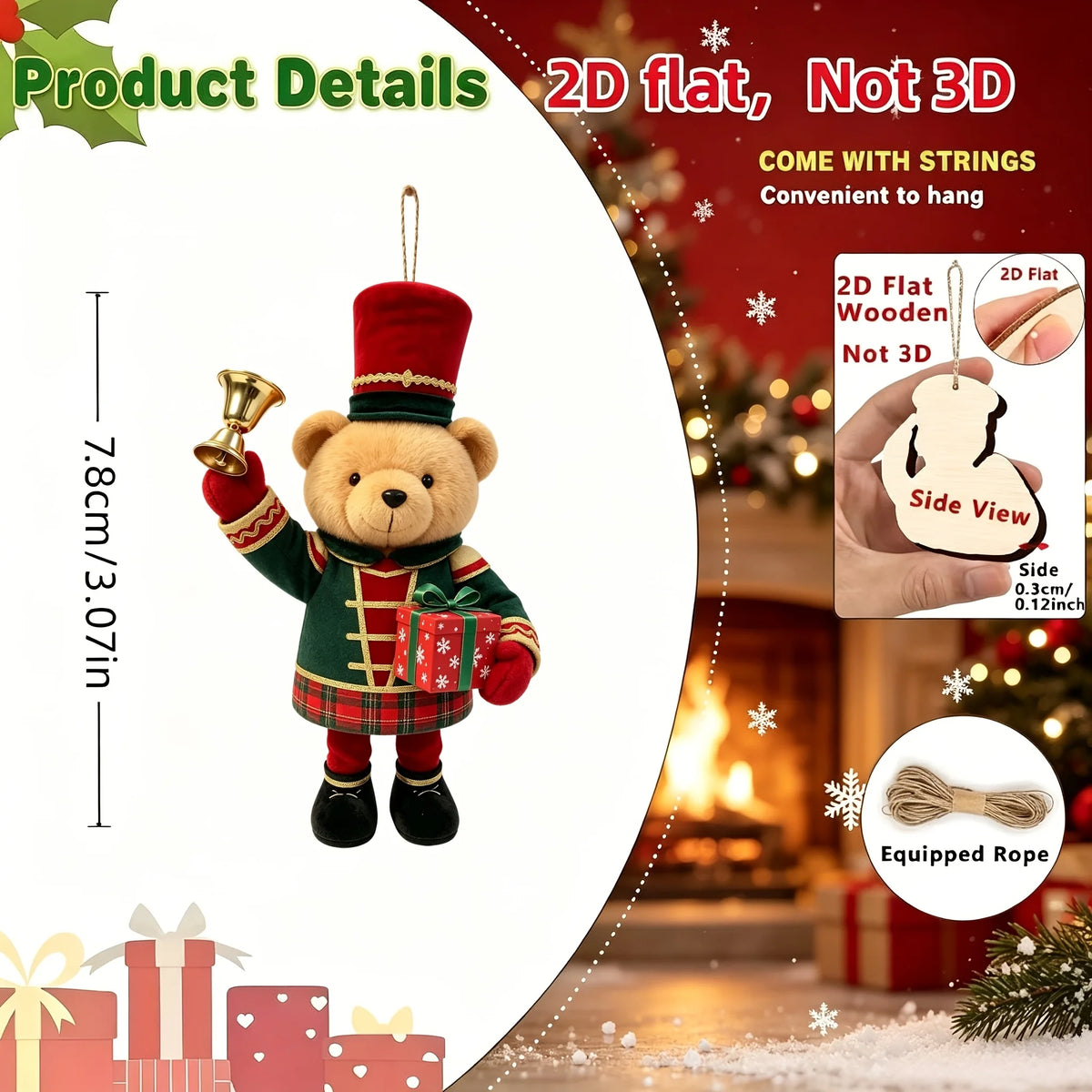 20/10 Pieces of Randomly Assorted 2D Flat Bear-Shaped Handmade Wooden Christmas Ornaments with Various Christmas Motifs, Suit