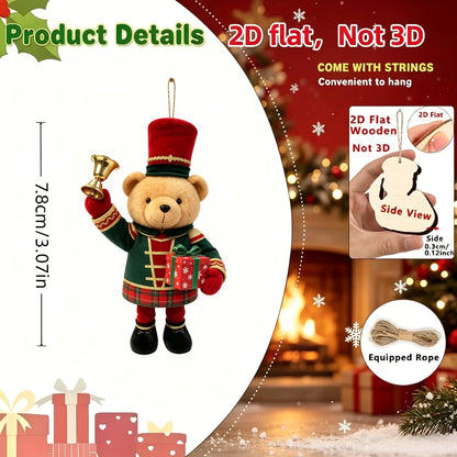 20/10 Pieces of Randomly Assorted 2D Flat Bear-Shaped Handmade Wooden Christmas Ornaments with Various Christmas Motifs, Suit