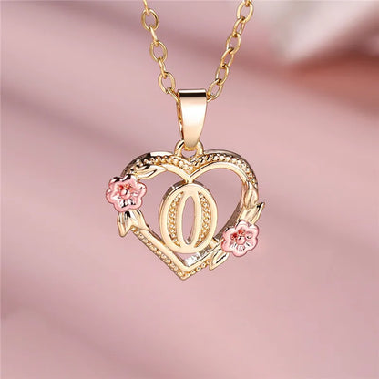 Female A-Z Letter Flower Pendant Necklace Yellow Gold Color Wedding Jewelry Gift For Women - O
