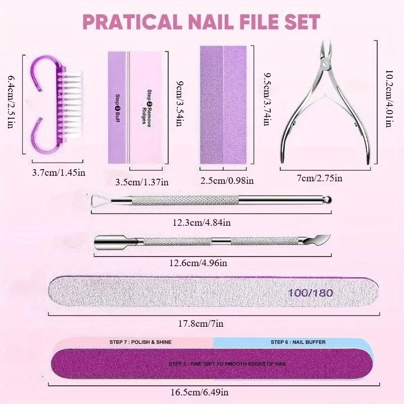 10/15pcs Professional Nail Art Kit with 100/180 Grit Files,Buffer Sponge,Brush,Scissors,Cuticle Nippers Pushers Gel Polish To