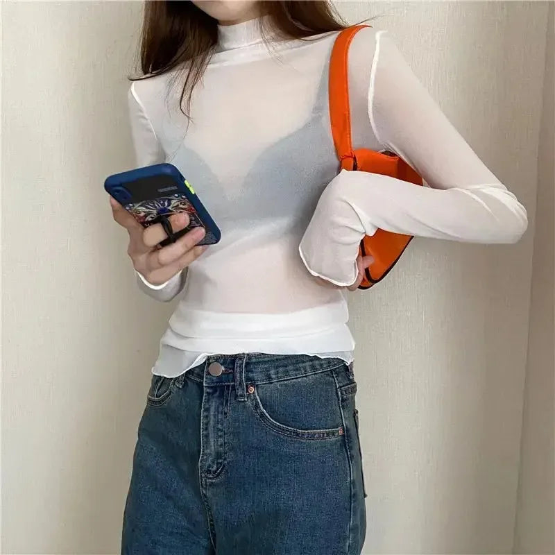 New Women Floral Lace Shirt Spring Autumn Long Sleeve Sexy Mesh Bottoming Shirts Mock Neck Blouse T-Shirt Pullover Top - Whit