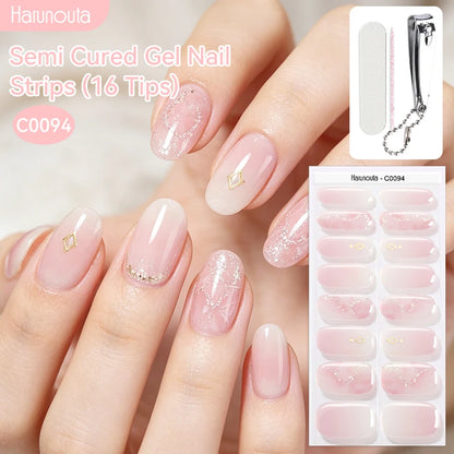 Harunouta 16strips Semi Cured Gel Nail Strips with Nail Clipper Set Self-Adhesive Glitter for Nails Work with UV/LED - Set 11