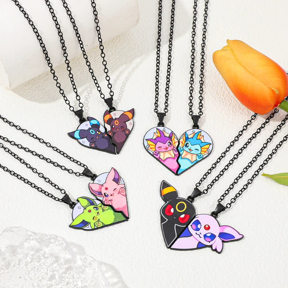 2-piece cute Eevee cartoon pendant necklace with heart patchwork, anime-style metal necklace