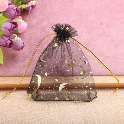 25/50pcs 7x9/9x12/10x15/13x18cm Star Moon Organza Gift Bags Mini Sachet Gold Color Drawstring Bag Jewelry Packaging Pouches -