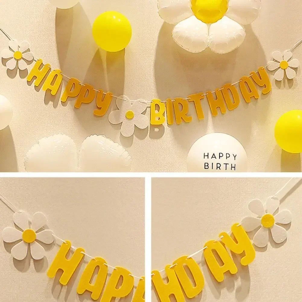 New Baby Shower Daisy Happy Birthday Banner White Flower Birthday Sign Garland Decoration Happy Daisy Flag Yellow Flower Part