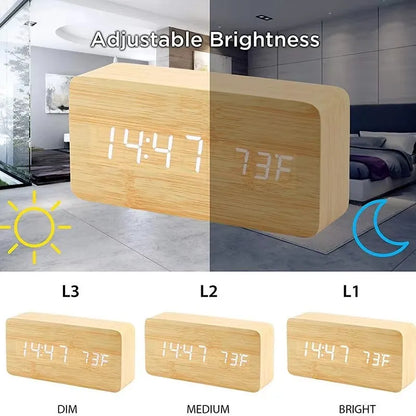 Wooden Digital Alarm Clock LED Table Clock with Temperature for Bedroom Office Desk Decorations