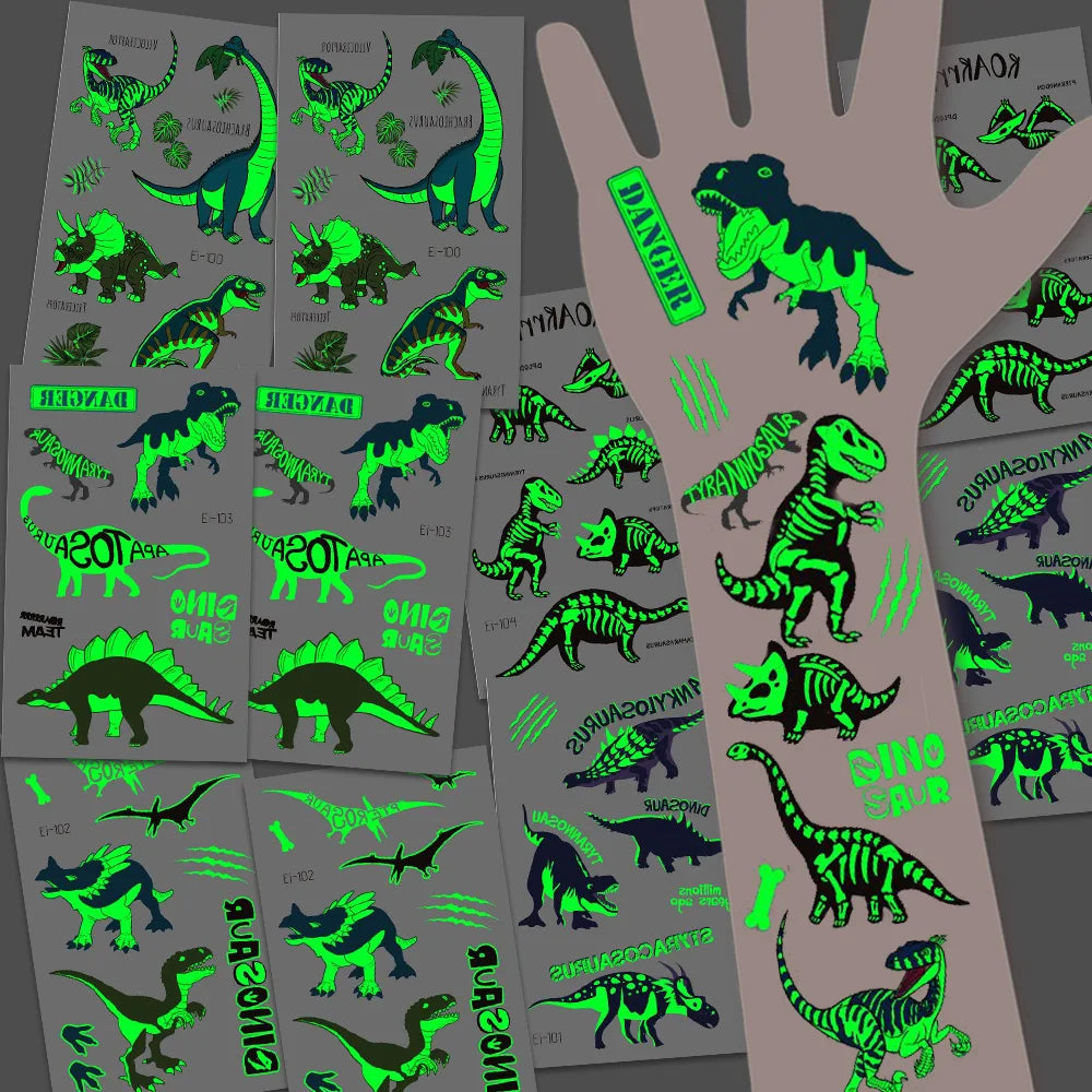 10 Sheets Luminous Dinosaur Temporary Tattoos, Waterproof Glow In The Dark T-Rex Pterosaur Velociraptor Triceratops Stegosaur