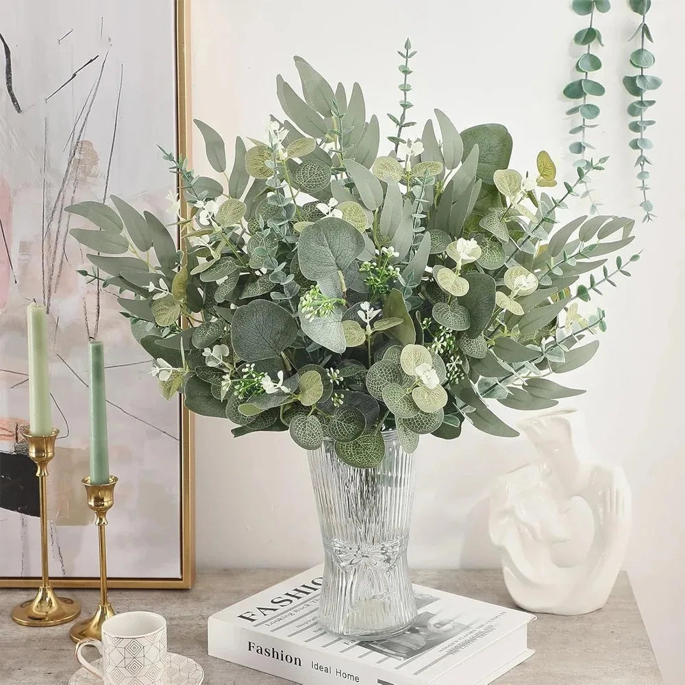 20pcs Eucalyptus Leaves Stems Artificial Plant Bouquet Fake Flowers for Home Decor DIY Floral Arrangement Wedding Decoration