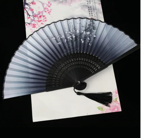 Retro Style Folding Fan Female Japanese Pattern Retro Cloth Art Craft Gift Home Decoration Ornament Dancing Hand Fan - Ink pl