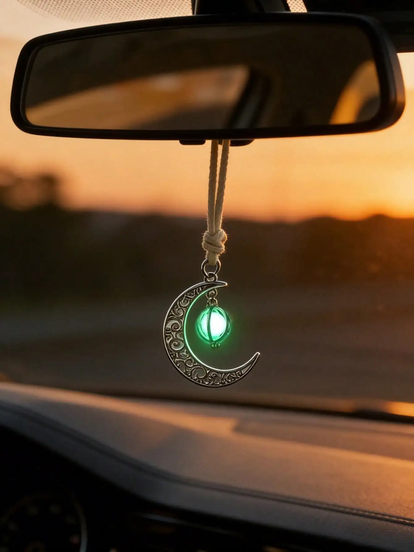 Luminous Moon Pendant Car Hanging Ornament – Hollow Crescent Design, Inlaid with Luminous Stone, Elegant Rearview Mirror Deco