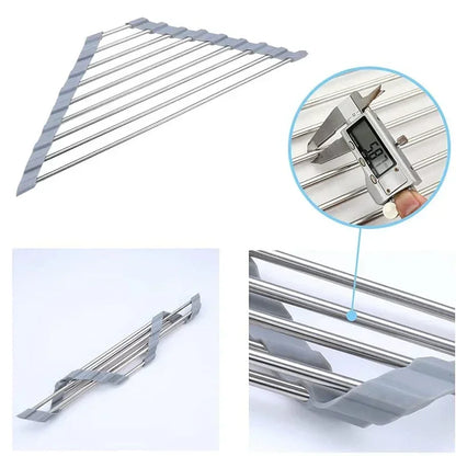 Roll Up Triangle Dish Drying Rack Kitchen Sink Organizer Corner Over the Sink Sponge Rag Holder Foldable Stainless Steel Drai