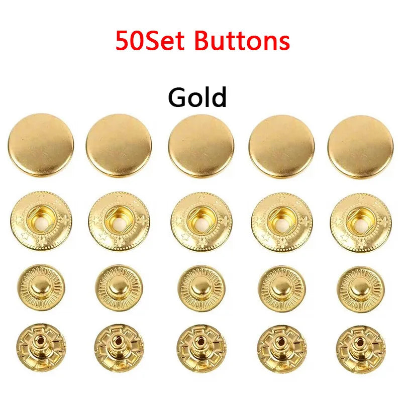 50Sets Leather Snap Fasteners Kit 10mm 12mm 15mm Metal Button Snaps Press Studs 4 Install Tools Leather Snaps For DIY Clothes