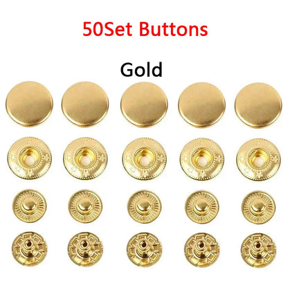 50Sets Leather Snap Fasteners Kit 10mm 12mm 15mm Metal Button Snaps Press Studs 4 Install Tools Leather Snaps For DIY Clothes