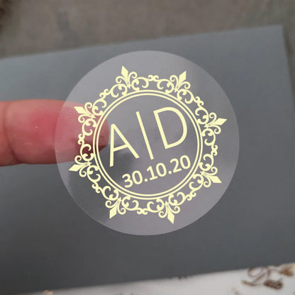 50 X Foiled Wedding Monogram Initials Stickers, Personalised Wedding Favour Labels, Custom Shiny Foil Gold Transparent - 111 