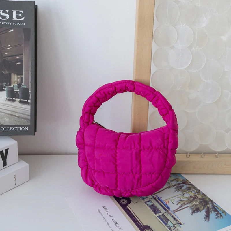 Fashion Mini Puffer Tote Bag Quilted Circle Phone Purse Elegant Purple Soft Nylon Padded Key Pouch Simple Trend Handbag - A3