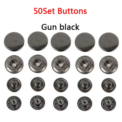 50Sets Leather Snap Fasteners Kit 10mm 12mm 15mm Metal Button Snaps Press Studs 4 Install Tools Leather Snaps For DIY Clothes