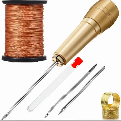 Leather Craft Sewing Kit Waxed Thread Hand Quilting Needles Sewing Awl，for Beginner , Stitching, Sewing - Dark Khaki