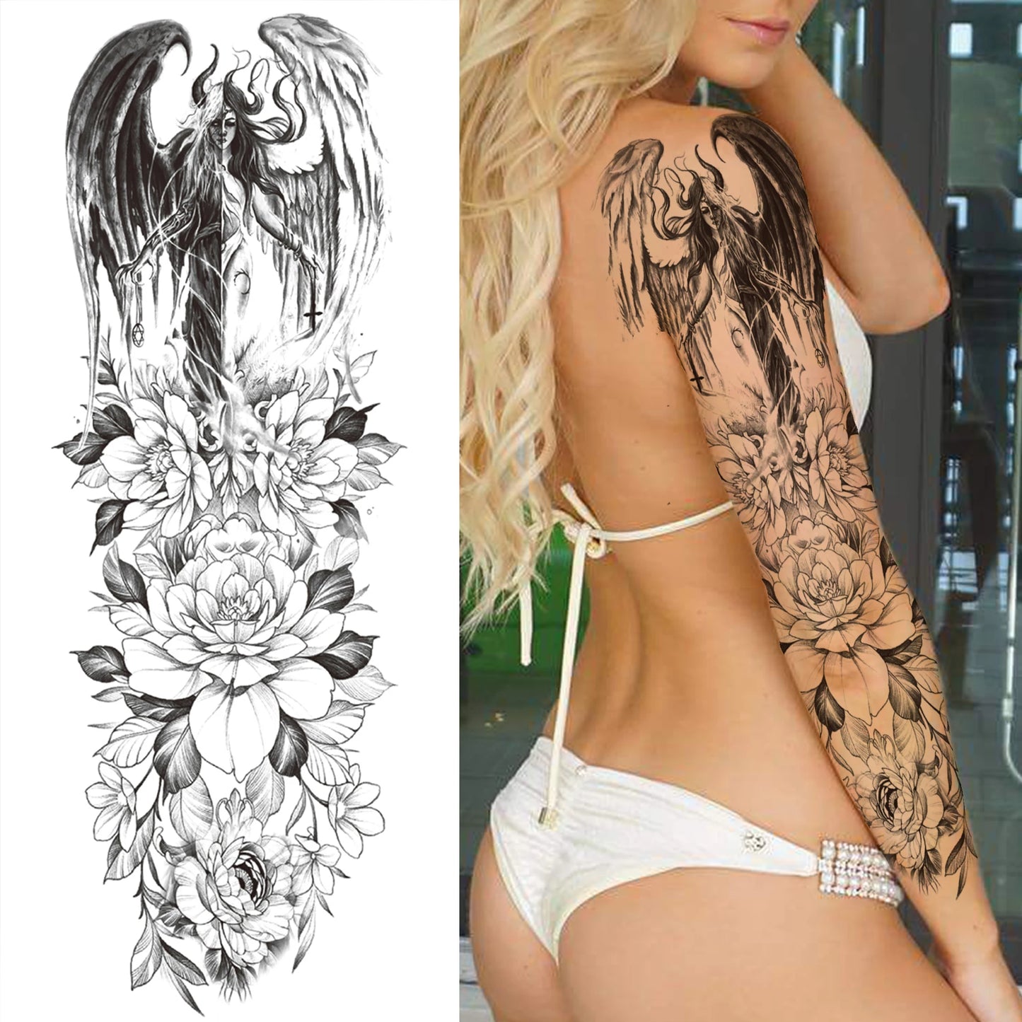 1 Sheets Wolf Lion Tiger Maori Temporary Tattoos For Men Women Adults Full Sleeve Arm Flower Rose Skull Tattoo Sticker Decor 