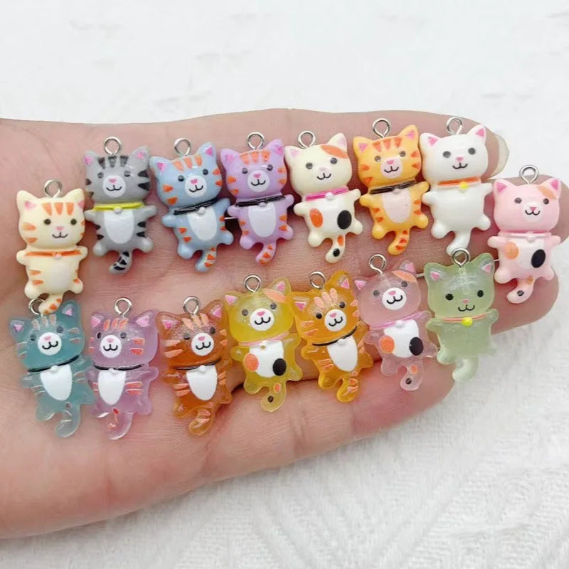 10pcs Mixed Cartoon Cute Cat Design Charms 3D Luminous Resin Animal Pendants For DIY Bracelet Necklace Jewelry Making Accesso