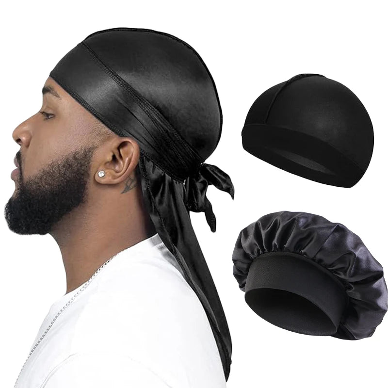 3PCS/LOT Men Silky Durag Long Tail Pirate Hat Headband Turban Dome Wave Cap Unisex Wig Cap Elastic Band Satin Bonnet - black