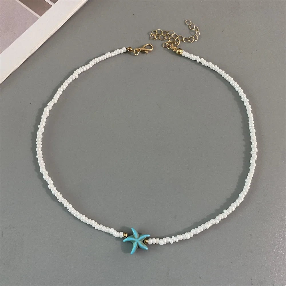 Shell Starfish Woman Short Necklace Summer Holiday Gift Handmade Choker Seed Beads Neck Jewelry White