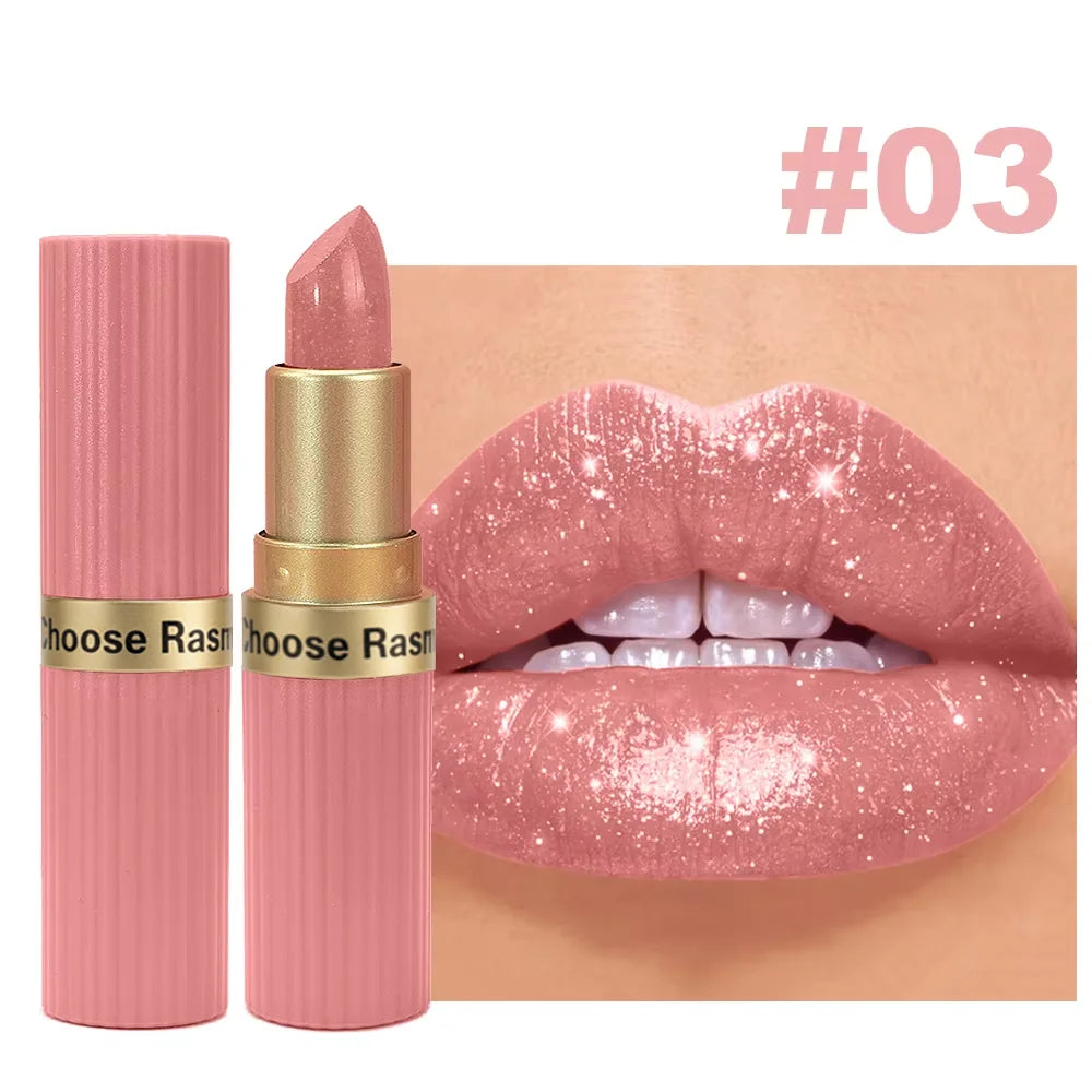 Pearlescent Pink Glitter Velvet Lipstick Metallic Waterproof Long Lasting Matte Shimmer Diamond Lipstick Women Makeup Cosmeti