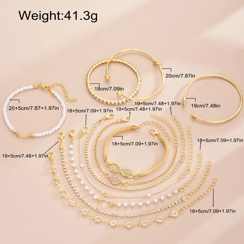 11 Pcs Boho Pearl Crystal Heart Infinity Sign Bracelets for Women Vintage Elegant Gold Color Bracelets Sets New Vacation Jewe