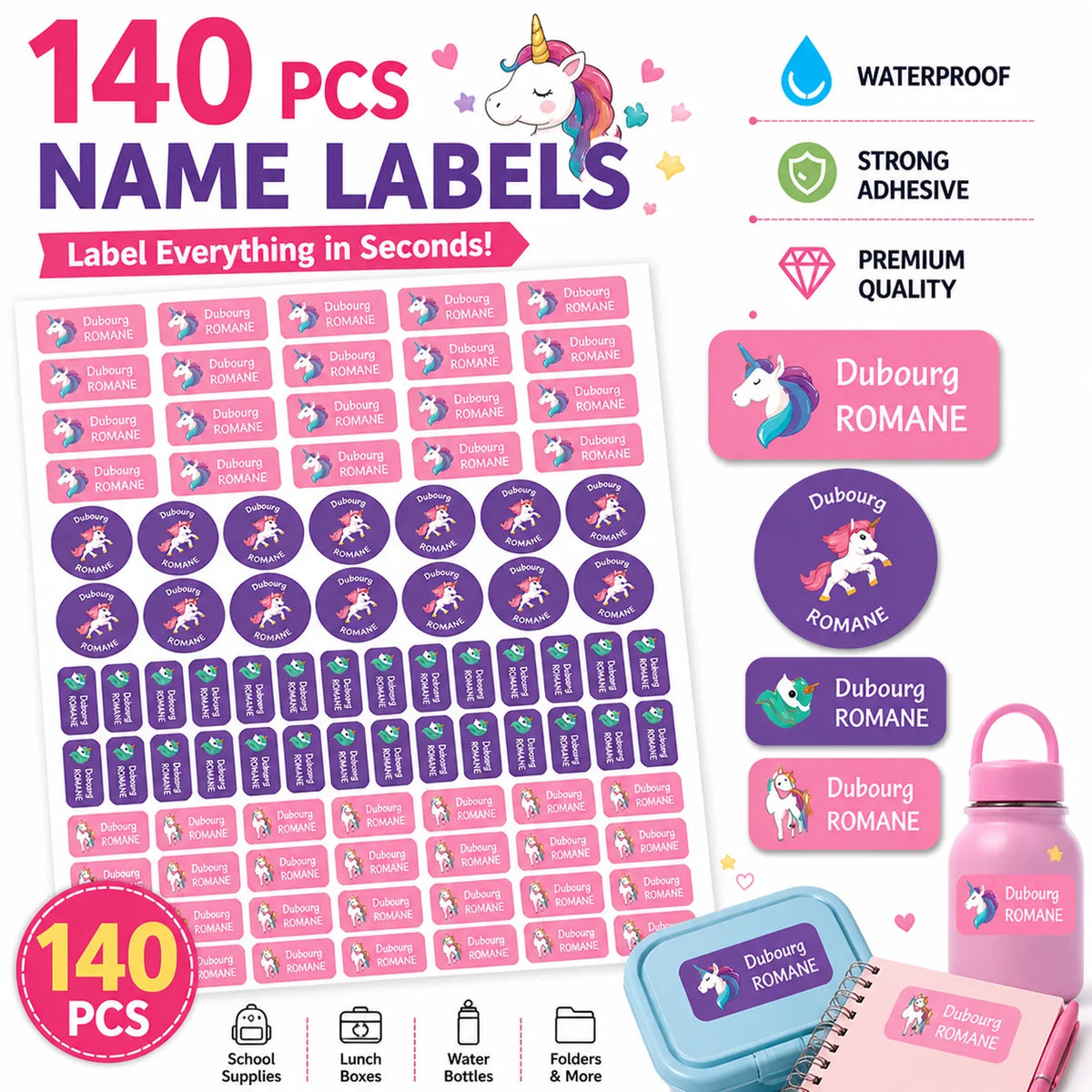 TREES 140PCS Custom Waterproof Name tags Stickers ,cartoon style, nakrjki na ubrania imie，autocollants personnalisés prenom,