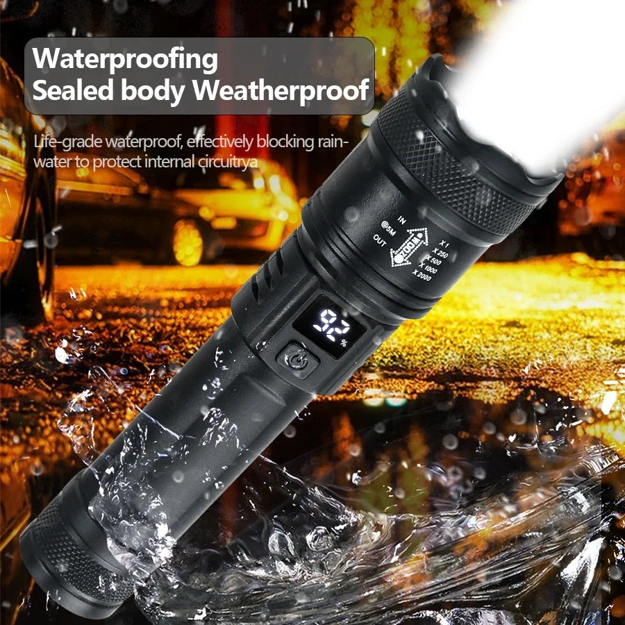 High Strong Power Led Flashlights 2000LM Tactical Torch with Display Light USB Charging Camping Fishing Emergency Zoom Lanter