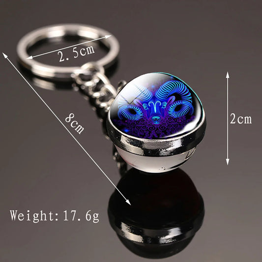12 Constellation Key Chain Luminous Double Sided Glass Ball Pendant 12 Zodiac Key Chain Fashion Birthday Gift for Men and Wom