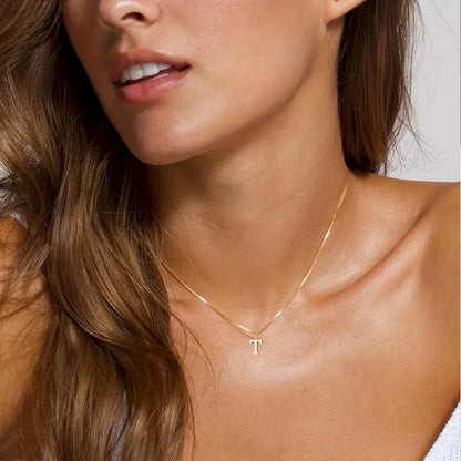 A-Z Initial Necklace 18K Gold Plated Necklace Cute Letter Stainless Steel Necklace for Women - T