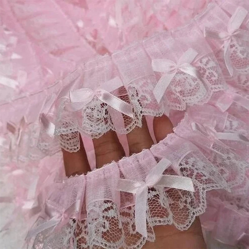 1Yard Pink Ruffle Wave Bow Embroidery Lace Fabric Trim DIY Clothing Wedding Home Gift Decoration Handmade Sewing Crafts Suppl