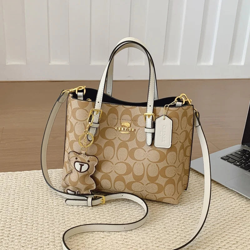 Elegant Monogram Tote Bag in Classic Style for Women Featuring Retro Leather Trim and Detachable Strap - beige