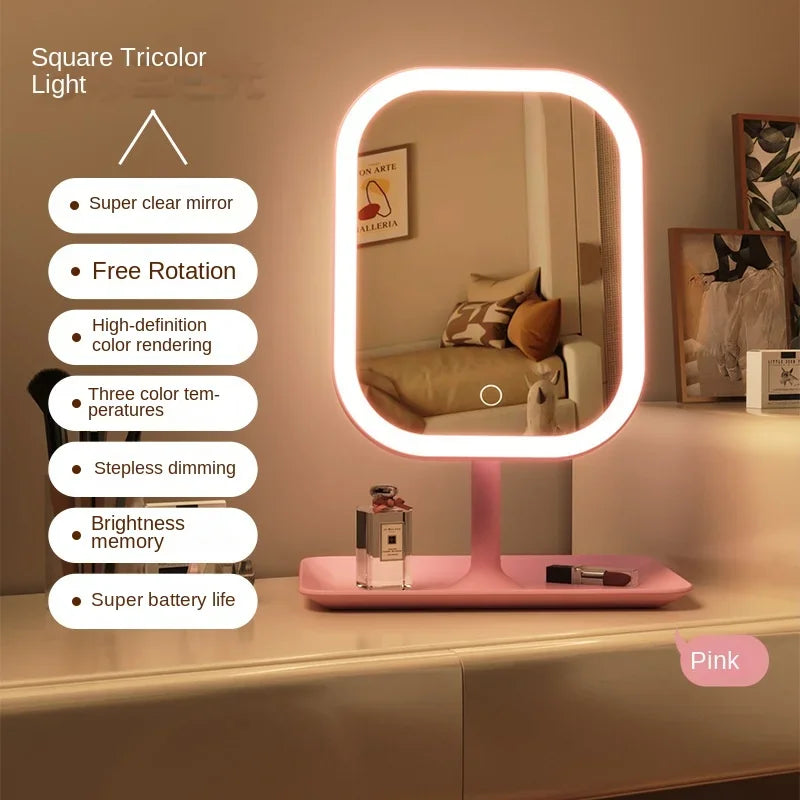 Unique Designer Vanity Mirror Three ColorsLEDLight Makeup Mirror Touch Control Desktop Mirror Bedroom Dressing Mirror - Pink