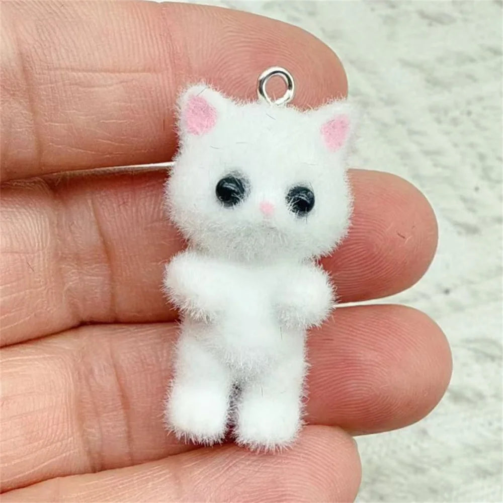 4pcs Kawaii 3D Fluffy Flocking Resin Cat Animal Charms Pendant Colorful Keychain Necklace Pendant DIY Crafts Jewelry Making
