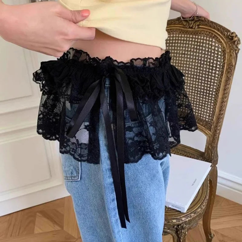 Lace Mini Skirts Women Elegant Sweet Lolita Short Skirts High Waist Y2k Streetwear Ruffle Skirts Lace Trim Butt Curtain Skirt