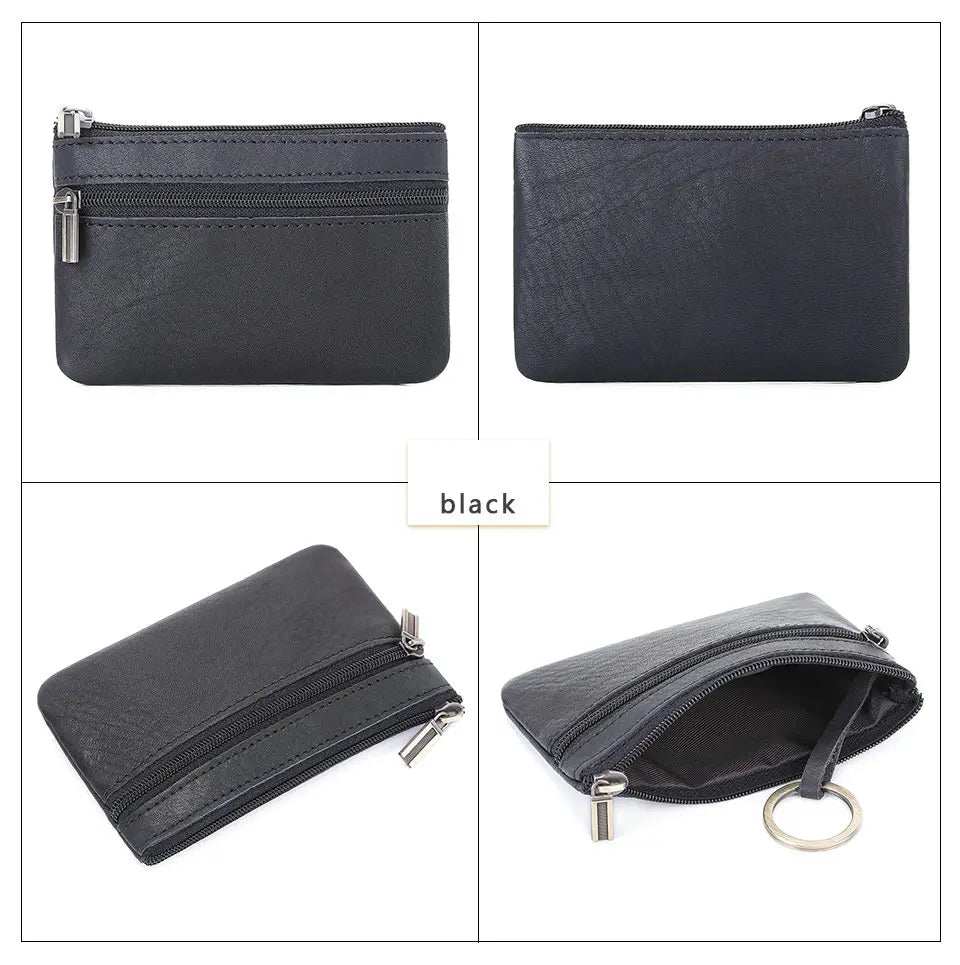 Retro Genuine Leather Coin Purse with Keychain for Men & Women Cowhide Zipper Coin Wallet Vintage Key Holder - black coin pur