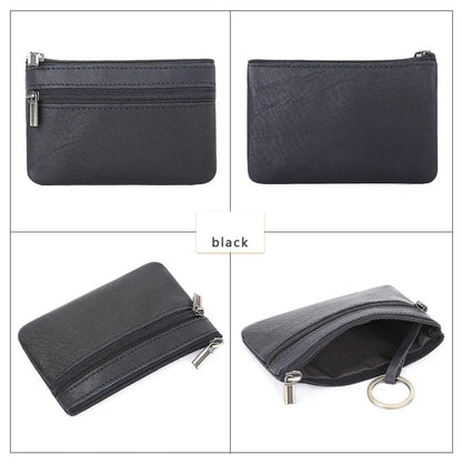 Retro Genuine Leather Coin Purse with Keychain for Men & Women Cowhide Zipper Coin Wallet Vintage Key Holder - black coin pur