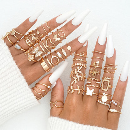 58PCS Vintage Heart Snake Butterfly Rings Set for Women Fashion Metal Gold Plated Geometric Hollow Finger Ring Jewelry Gifts 